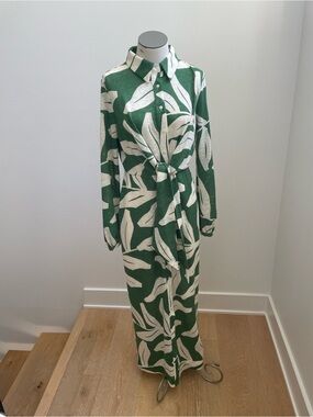 Next Direct Green and White Leaf-Print Midi Jersey Shirt Dress